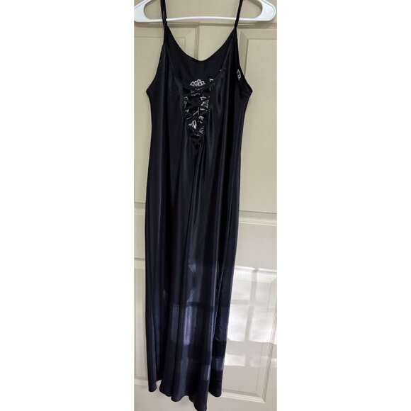 Judith Hart Satin Feel Nightgown Floor Length With Lace Up Back 1X Black Classy - Picture 2 of 6